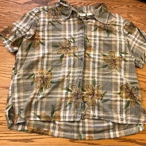 Lemon Grass plaid button flower down  shirt 2X